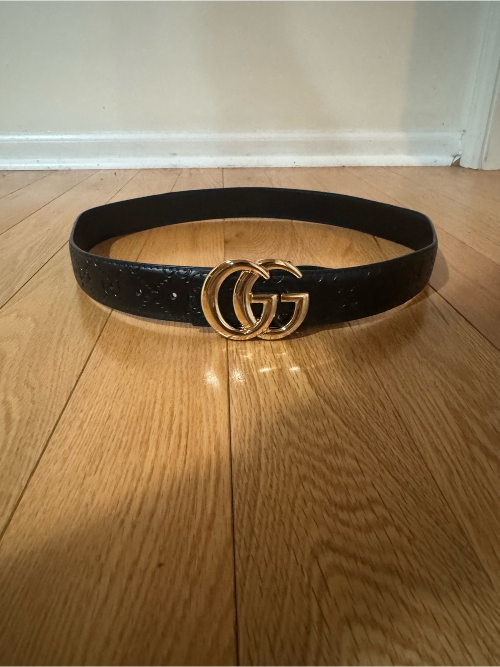 Gucci Black Leather Belt with Gold Double G Buckle